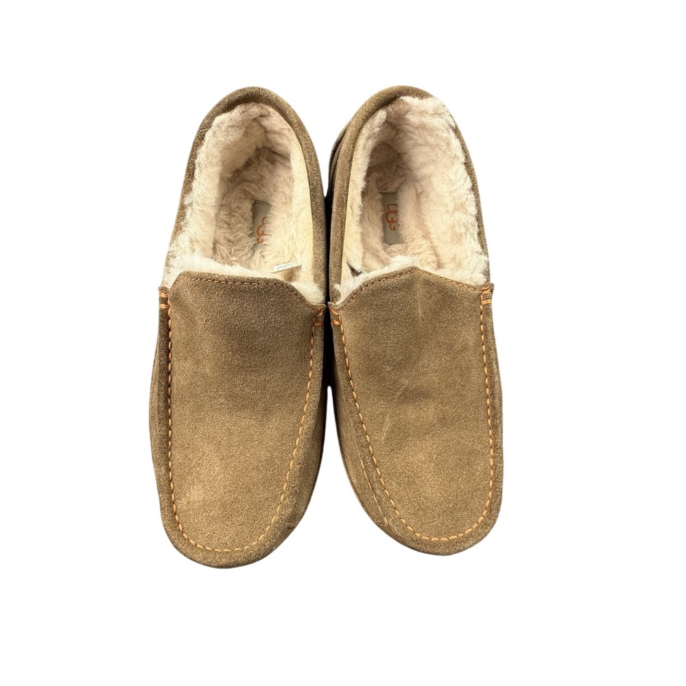 UGG Brown Suede‎ Slippers Moccasins Shearling Lined Size 9 Cozy